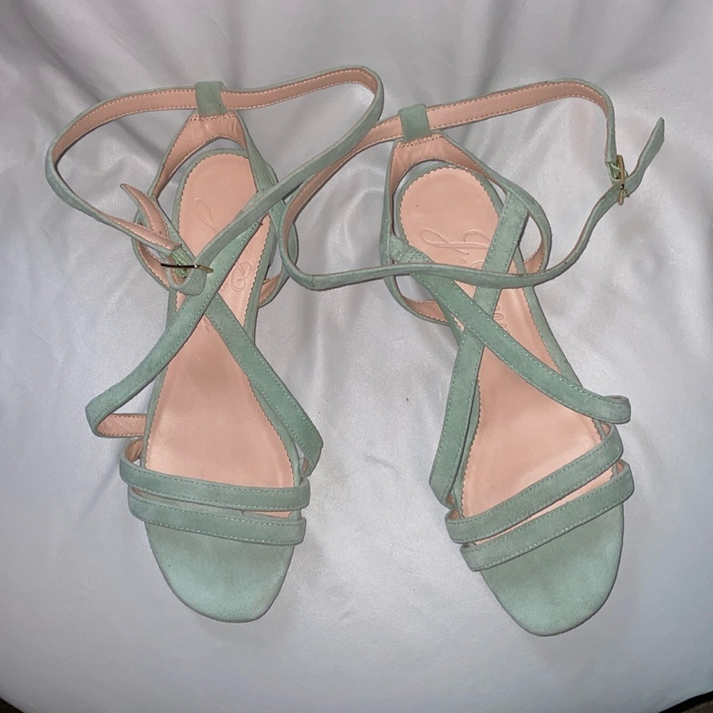 J. Crew Seafoam Green Suede Leather Strappy Heeled Sandals size 7
